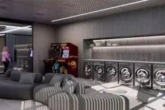 Perspectiva da lavanderia e game room do Maldivas Spa Urbano com fliperama Pac-Man e máquinas de lavar — Maldivas SPA Urbano em Ingleses, Florianópolis