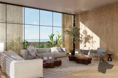 Perspectiva da recepção e lounge do spa do Maldivas Spa Urbano com sofá e vista para o mar — Maldivas SPA Urbano em Ingleses, Florianópolis