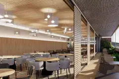 Perspectiva do restaurante interno do Maldivas Spa Urbano com mesas redondas e balcão — ângulo alternativo — Maldivas SPA Urbano em Ingleses, Florianópolis