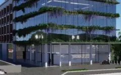 Perspectiva da fachada do edifício do Maldivas Spa Urbano com jardins verticais e fachada envidraçada — Maldivas SPA Urbano em Ingleses, Florianópolis