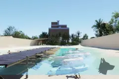 Perspectiva da piscina tipo praia do Maldivas Spa Urbano com borda de areia e coqueiros — ângulo lateral — Maldivas SPA Urbano em Ingleses, Florianópolis