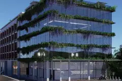 Perspectiva da fachada principal do Maldivas Spa Urbano com jardins verticais e fachada envidraçada — ângulo frontal — Maldivas SPA Urbano em Ingleses, Florianópolis