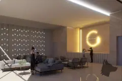 Perspectiva do hall do Maldivas Spa Urbano com recepção, sofás e iluminação em halo — ângulo alternativo — Maldivas SPA Urbano em Ingleses, Florianópolis