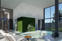 Perspectiva da piscina com jardim vertical e espreguiçadeiras do Maldivas Spa Urbano — ângulo alternativo — Maldivas SPA Urbano em Ingleses, Florianópolis