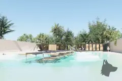 Perspectiva da piscina tipo praia do Maldivas Spa Urbano com área de convivência e coqueiros — ângulo alternativo — Maldivas SPA Urbano em Ingleses, Florianópolis
