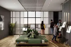 Perspectiva da galeria de arte do Maldivas Spa Urbano com sofá verde, plantas e obras expostas — Maldivas SPA Urbano em Ingleses, Florianópolis