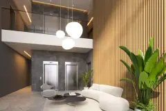 Perspectiva do hall de entrada do Malta Residence com lobby duplo, elevadores e luminárias esféricas — Malta Residence em Centro, Florianópolis