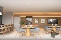 Perspectiva do espaço gourmet do Malta Residence com mesas redondas, bancada e adega — Malta Residence em Centro, Florianópolis