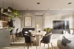 Perspectiva da sala integrada do Malta Residence com bancada em mármore, mesa de jantar e painel TV — Malta Residence em Centro, Florianópolis