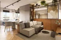 Perspectiva da sala de estar do Malta Residence com sofá, cozinha integrada e estante em madeira — Malta Residence em Centro, Florianópolis