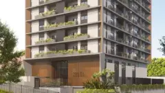 Perspectiva lateral do Malta Residence com fachada cinza e varandas com plantas — ângulo alternativo — Malta Residence em Centro, Florianópolis