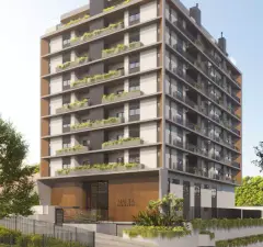 Perspectiva frontal do Malta Residence com fachada completa, jardins nas varandas e entrada em madeira — Malta Residence em Centro, Florianópolis