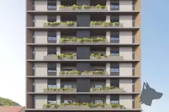 Perspectiva da fachada frontal do Malta Residence com detalhe dos varandões e jardins em cada pavimento — Malta Residence em Centro, Florianópolis