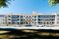 Fachada frontal do edifício com revestimento de tijolo aparente, sacadas e carros estacionados na rua — Manhattan Residence em Ingleses, Florianópolis