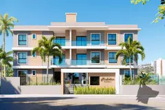 Fachada frontal do edifício com acesso principal, logotipo Manhattan Residence e palmeiras na entrada — Manhattan Residence em Ingleses, Florianópolis