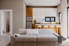 Sala de estar integrada à cozinha americana com bancada e bancos, sofá e janela ampla — Mar do Norte Studios em Ingleses, Florianópolis