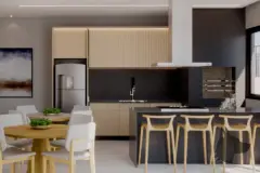 Cozinha americana integrada com mesa de jantar redonda, armários amadeirados e balcão escuro — Mar do Norte Studios em Ingleses, Florianópolis