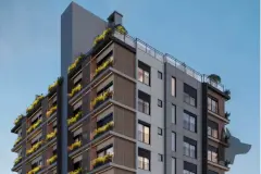 Fachada superior do edifício em close, rooftop com piscina e revestimento amadeirado — Mar do Norte Studios em Ingleses, Florianópolis