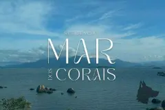 Logomarca do Residencial Mar dos Corais sobre foto da Baía Norte em Coqueiros, vista ampla — Mar dos Corais em Coqueiros, Florianópolis