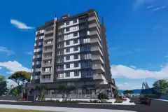 Fachada do edifício Maranello Residence com 10 andares, arquitetura contemporânea em tons cinza e branco — Maranello Residence em Balneário, Florianópolis