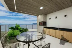 Varanda gourmet com churrasqueira embutida, mesa redonda de vidro, cadeiras de arame e vista para o mar — Maranello Residence em Balneário, Florianópolis