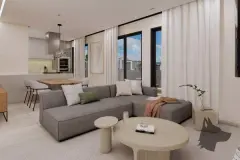 Sala de estar integrada com sofá cinza em L, mesa de centro redonda, mesa de jantar ao fundo e janelas amplas com vista urbana — Maranello Residence em Balneário, Florianópolis