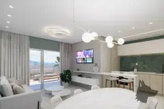 Sala de jantar e estar integrada com mesa de madeira natural para 8 pessoas, TV e sofá branco com decoração em madeira — Maranello Residence em Balneário, Florianópolis