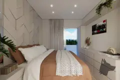 Sala de estar com sofá branco em L, tapete colorido e acesso à varanda com vista para o mar — Maranello Residence em Balneário, Florianópolis