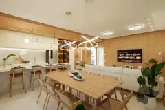 Suíte master com cama de casal, painel de madeira sobre a cabeceira, varanda e vista para a Baía Norte — Maranello Residence em Balneário, Florianópolis