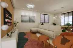 Banheiro da suíte com bancada em mármore, dupla cuba sobreposta, espelhos orgânicos e arandelas douradas — Maranello Residence em Balneário, Florianópolis
