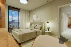 Cozinha com ilha em granito claro, cooktop 5 bocas, armários brancos e adega embutida, janela com vista para a cidade — Maranello Residence em Balneário, Florianópolis