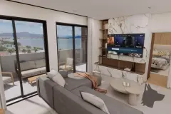 Área de lazer no rooftop com piscina infinity, deck de madeira e espreguiçadeiras sob guarda-sol — Maranello Residence em Balneário, Florianópolis