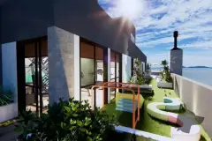 Piscina rooftop com espreguiçadeiras e guarda-sol, ângulo lateral com Baía Norte e montanhas ao fundo — Maranello Residence em Balneário, Florianópolis