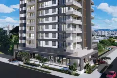 Fachada frontal próxima com entrada do empreendimento Maranello Residence, letreiro e lojas no térreo — Maranello Residence em Balneário, Florianópolis