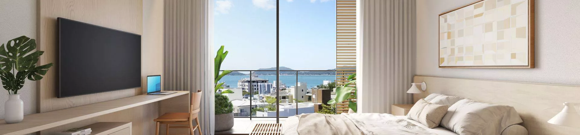 Suíte com cama de casal, TV e escrivaninha em madeira, varanda e vista para o mar — Marena em Canasvieiras, Florianópolis