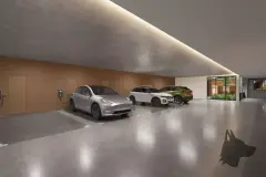 Garagem com 3 vagas, carregador de veículo elétrico e acabamento em concreto polido — Marena em Canasvieiras, Florianópolis