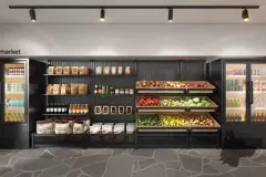 Mini mercado do empreendimento com prateleiras de produtos, frutas e geladeiras — Marena em Canasvieiras, Florianópolis