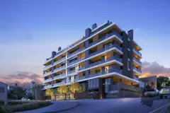 Fachada frontal do edifício Marena com 7 andares, balcões e jardim no térreo — Marena em Canasvieiras, Florianópolis