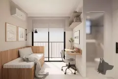Studio com cama em madeira, área de trabalho com notebook, ar-condicionado e varanda com vista — Max Studios 45 em João Paulo, Florianópolis