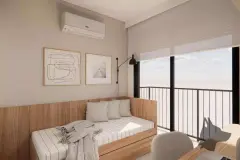 Studio com cama em madeira, quadros na parede, ar-condicionado e varanda com área verde — Max Studios 45 em João Paulo, Florianópolis