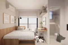 Studio com cama de casal em madeira, área de trabalho e banheiro integrado com lavabo — Max Studios 45 em João Paulo, Florianópolis