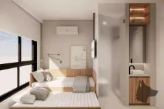 Sala de estar da cobertura com sofá curvo, mesa de jantar redonda e varanda com banheira e vista para lagoa — Max Studios 45 em João Paulo, Florianópolis