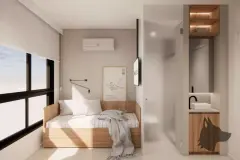 Interior da cobertura com sofá, mesa de jantar e logotipo MaxStudios em TV, porta-balcão aberta — Max Studios 45 em João Paulo, Florianópolis