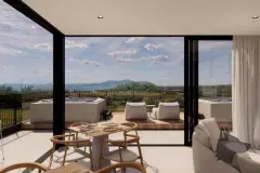 Vista da varanda para o interior da cobertura com mesa de jantar, sala e cozinha com ilha — Max Studios 45 em João Paulo, Florianópolis