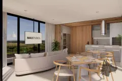 Cozinha da cobertura com ilha, armários de madeira, coifa suspensa e varanda com campo verde — Max Studios 45 em João Paulo, Florianópolis