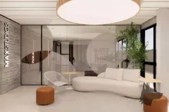 Espaço coworking com poltronas brancas, copa de madeira e sala de reunião ao fundo — Max Studios 45 em João Paulo, Florianópolis
