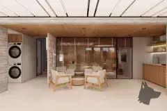 Coworking ângulo alternativo com mesas brancas, cadeiras, árvore interna e elevador de madeira — Max Studios 45 em João Paulo, Florianópolis