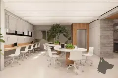 Área comum com logotipo MaxStudios na parede, poltronas e espaços integrados em segundo ângulo — Max Studios 45 em João Paulo, Florianópolis