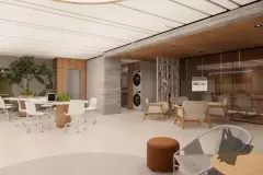 Entrada do edifício vista da rua com lobby e academia MaxStudios visíveis pelo vidro — Max Studios 45 em João Paulo, Florianópolis