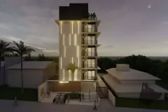 Detalhe das varandas na fachada com dois pisos, revestimento bege e plantas — Max Studios 45 em João Paulo, Florianópolis